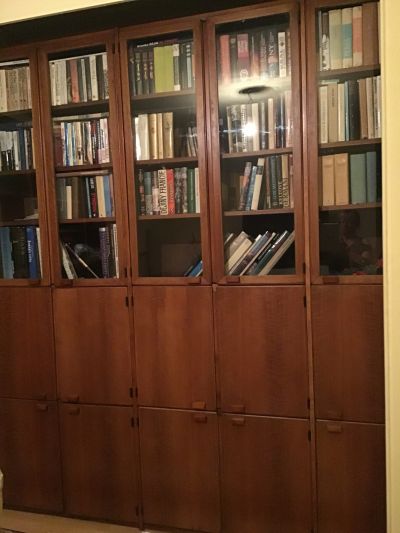 Skříň - knihovna, dýha, byla v zakourene místnosti 