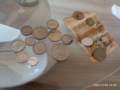 Různé mince - viz foto, 1 bankovka 1000 lir