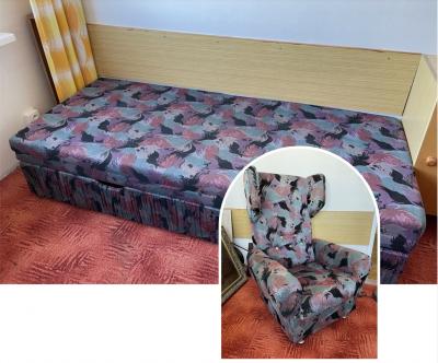 Rozkládací postel s úložným prostorem a křeslo