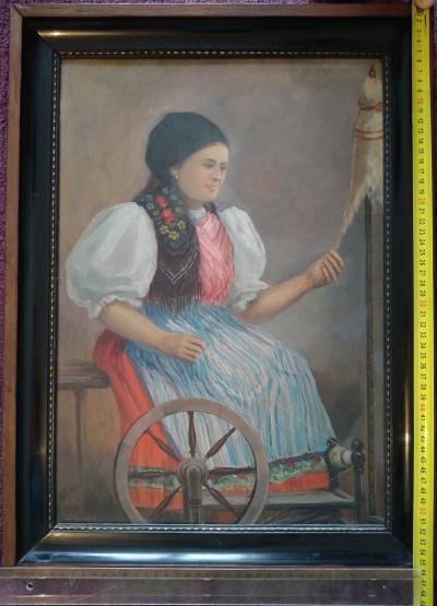 J. Rudolf: Přadlena, 42x57 cm i s rámem