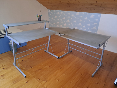 Pracovní+PC stůl sklo + kov, rohový