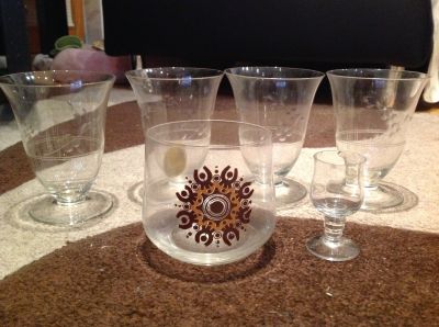 4x brousene sklenice, 1 retro sklenice a panakovka