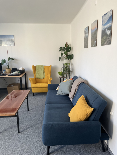 Modrý rozkládací gauč