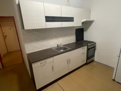 Kuchyňská linka, skříňky, dřez s baterií, digestoř